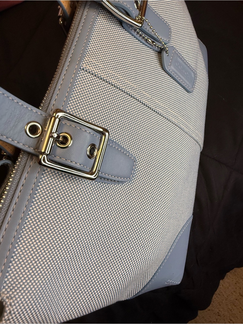 Coach Hamptons Vintage Canvas & Leather Tote Bag Y2K Baby Blue Zip Top #1842 - Picture 14 of 16